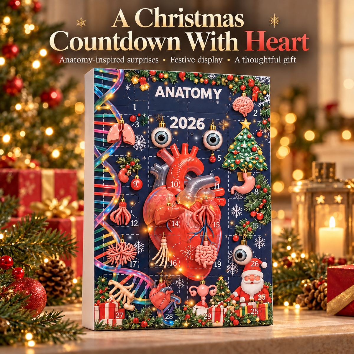 Anatomy Christmas Advent Calendar displayed in a warmly decorated holiday room