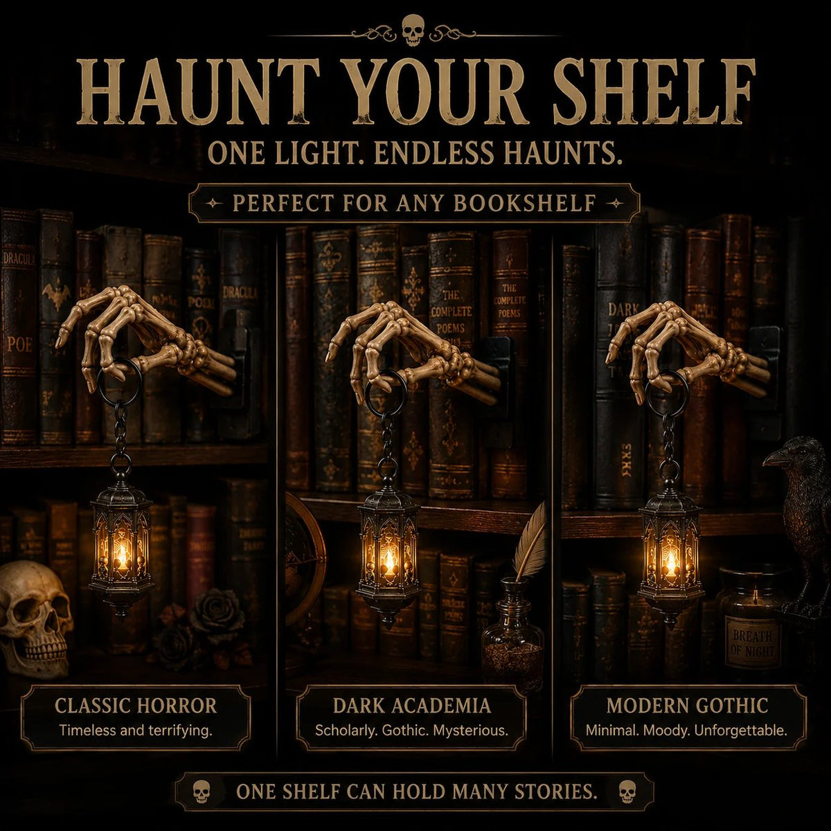 ⏳ Último Día 49% DE DESCUENTO – 💀 Linterna de Mano de Esqueleto – Decoración Gótica para Estantería con Luz Cálida