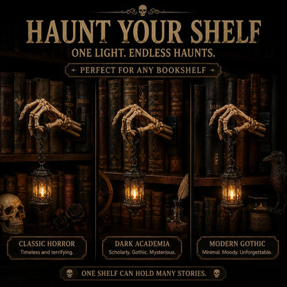 ⏳ Último Día 49% DE DESCUENTO – 💀 Linterna de Mano de Esqueleto – Decoración Gótica para Estantería con Luz Cálida