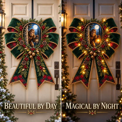 👣 Bigfoot’s Lantern Hideout™ – Lighted Woodland Christmas Door Bow with Warm Lights
