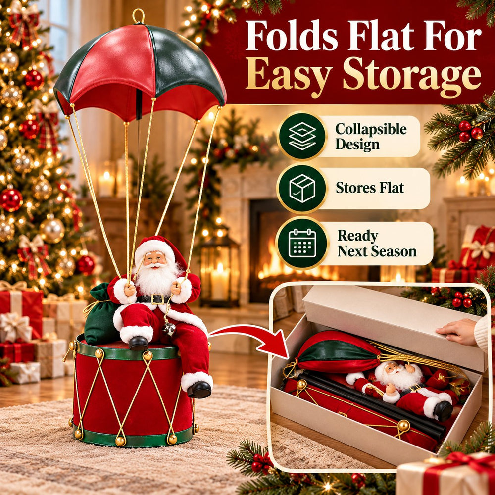 Santa balloon decoration shown expanded and folded flat for seasonal storage