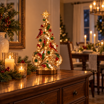 Lighted Stained Glass-Inspired Christmas Tree Tabletop Decor with Red Cardinal Birds