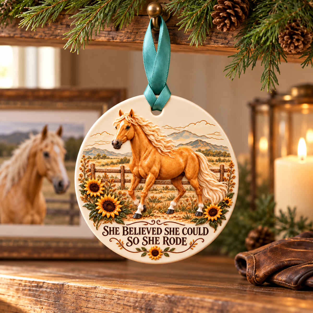 Sunflower palomino horse keepsake hanging on a Christmas tree