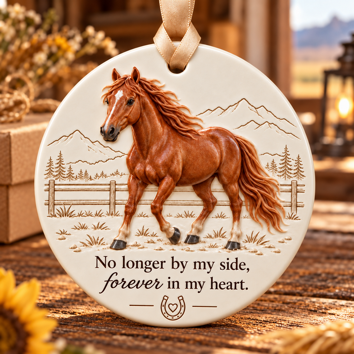 Woman opening a gift box and admiring a horse keepsake ornament