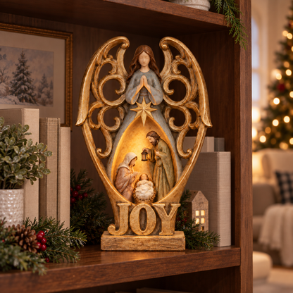 Angel of Joy Lighted Nativity Christmas Decor – Holy Family Tabletop Figurine with Warm Inner Glow
