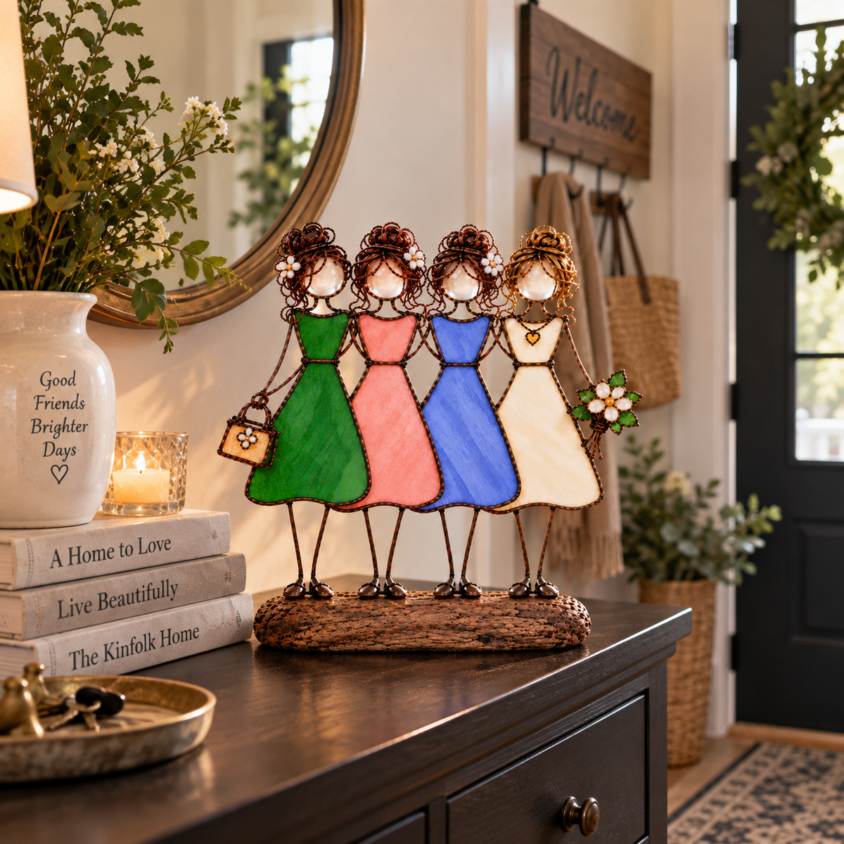 Side by Side Sisters Stained Glass-Inspired Friendship Figurine