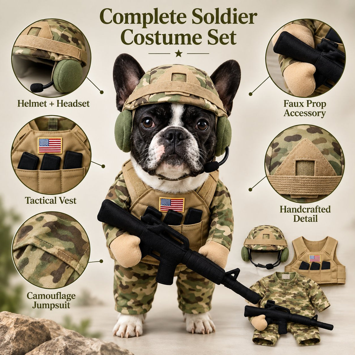 Military Camo Soldier Dog Costume – Complete 5-Piece Tactical Set