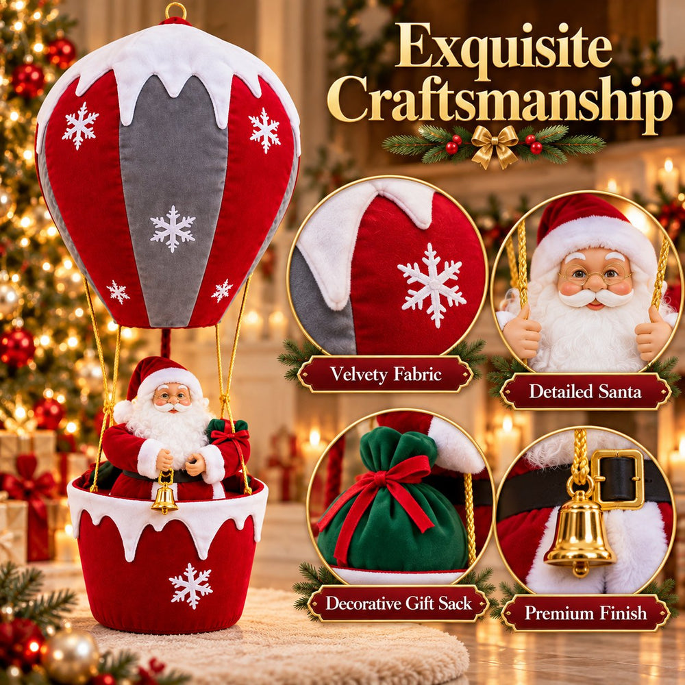 Close-up details of Santa, the fabric balloon, gift sack, and decorative bell