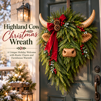 Highland Cow Christmas Wreath – Rustic Farmhouse Holiday Door Decoration with Cascading Greenery &amp; Red Velvet Bow
