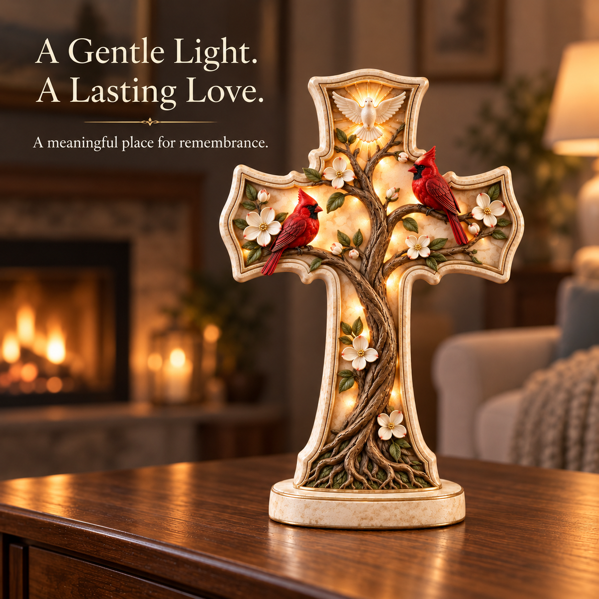 Ivory cardinal remembrance cross with a dove, sculpted tree, white blossoms and warm lighting