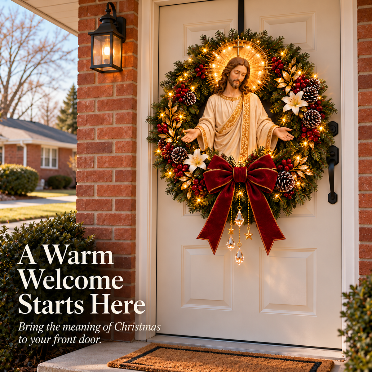 ✝️ Pre-Lit Jesus Christmas Wreath | Warm LED Lights, Golden Halo & Elegant Lilies 🎄