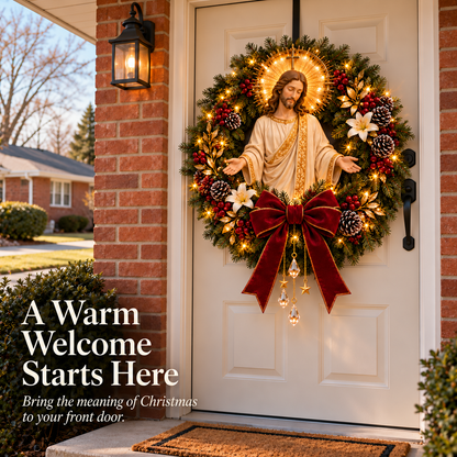 ✝️ Pre-Lit Jesus Christmas Wreath | Warm LED Lights, Golden Halo & Elegant Lilies 🎄