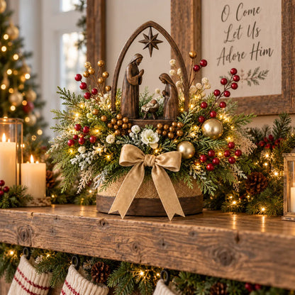 🌸Centro de mesa navideño con nacimiento e iluminación de velas