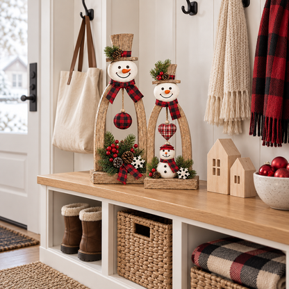 🔥😍Farmhouse Wooden Snowman Christmas Decor – Rustic Tabletop Figurines with Plaid Details