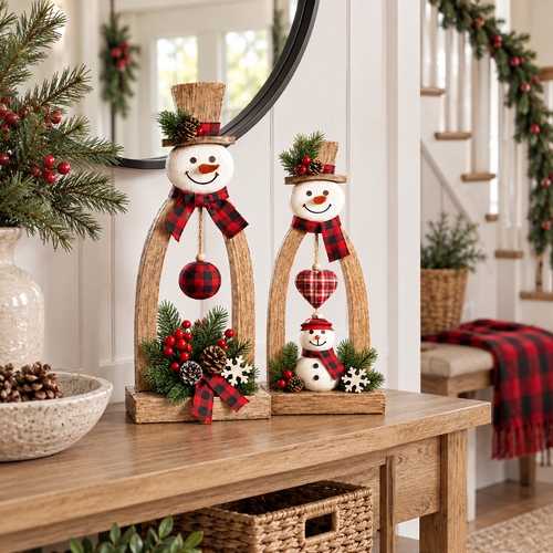 🔥😍Farmhouse Wooden Snowman Christmas Decor – Rustic Tabletop Figurines with Plaid Details