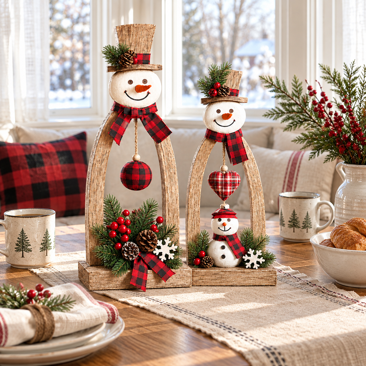 🔥😍Farmhouse Wooden Snowman Christmas Decor – Rustic Tabletop Figurines with Plaid Details