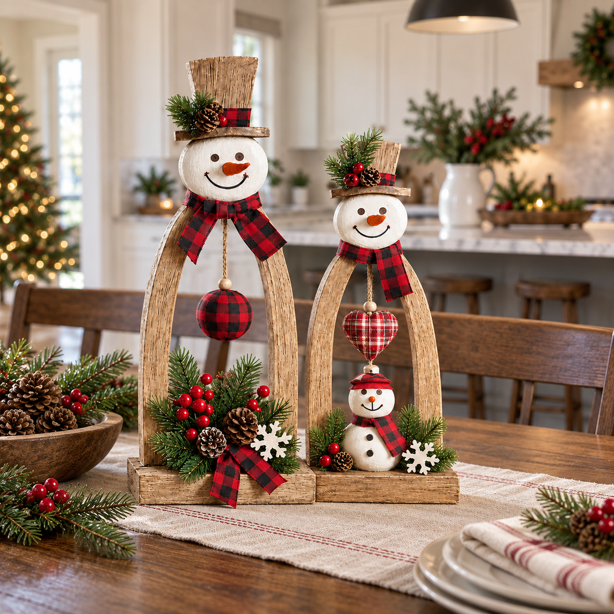 🔥😍Farmhouse Wooden Snowman Christmas Decor – Rustic Tabletop Figurines with Plaid Details