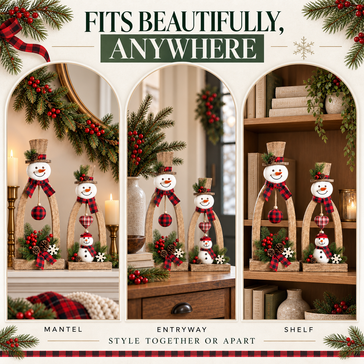 🔥😍Farmhouse Wooden Snowman Christmas Decor – Rustic Tabletop Figurines with Plaid Details