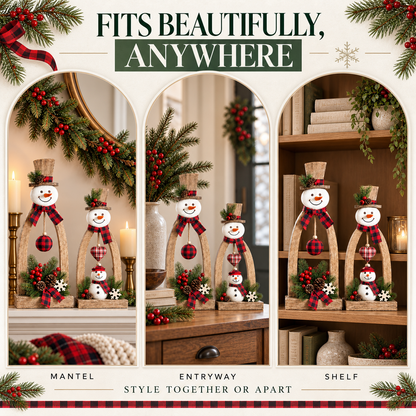 🔥😍Farmhouse Wooden Snowman Christmas Decor – Rustic Tabletop Figurines with Plaid Details