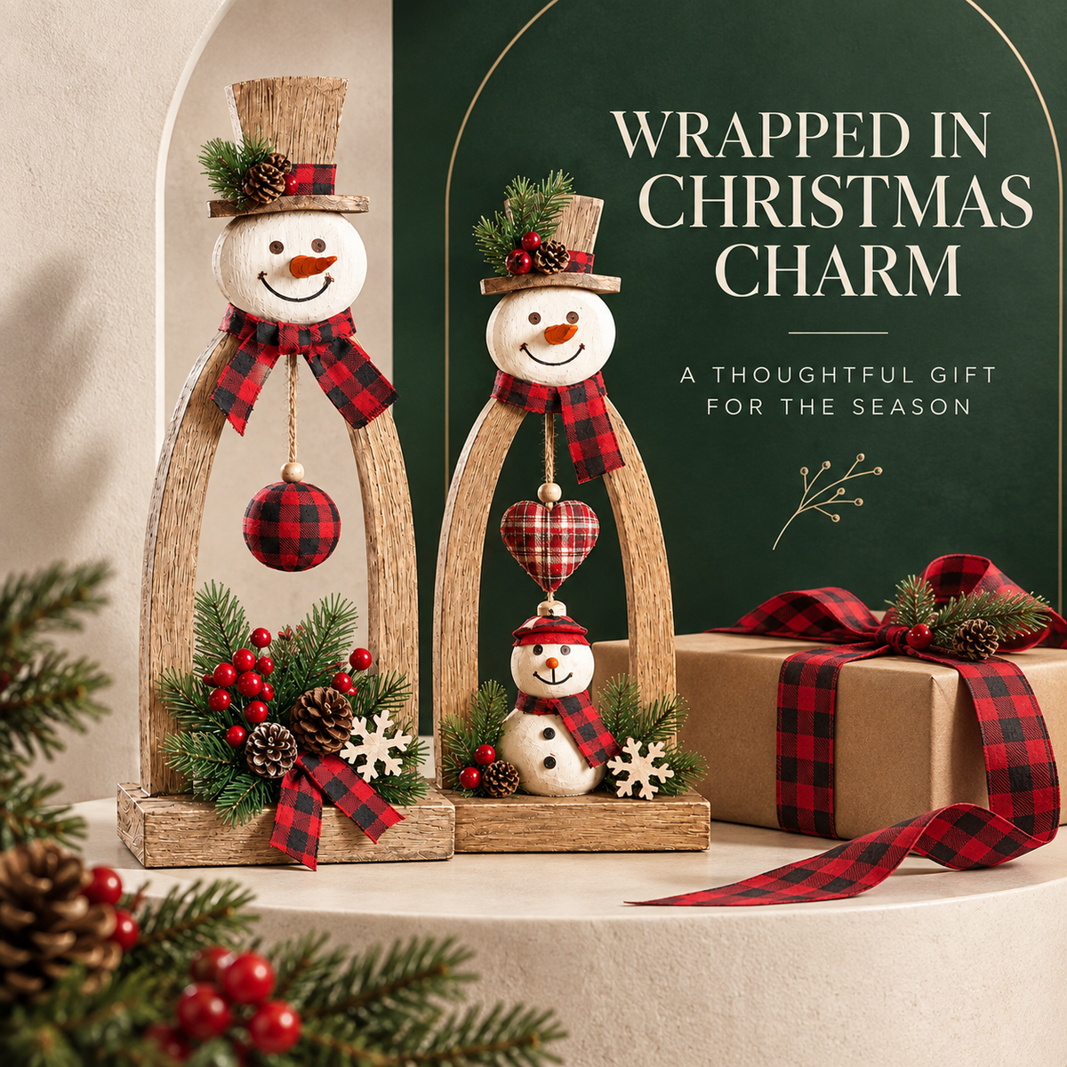 🔥😍Farmhouse Wooden Snowman Christmas Decor – Rustic Tabletop Figurines with Plaid Details
