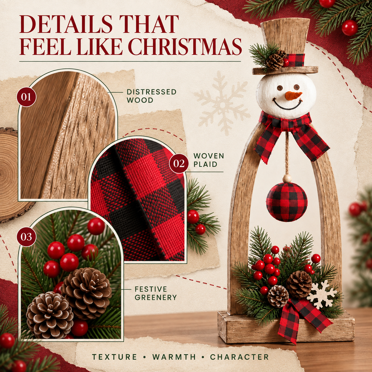 🔥😍Farmhouse Wooden Snowman Christmas Decor – Rustic Tabletop Figurines with Plaid Details