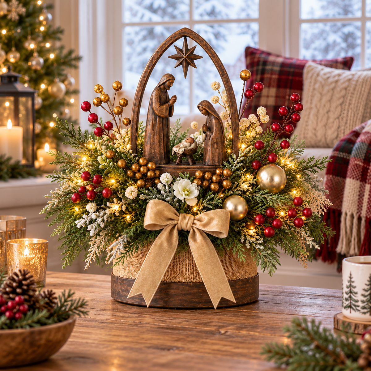🌸Centro de mesa navideño con nacimiento e iluminación de velas