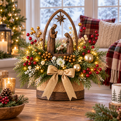 🌸Centro de mesa navideño con nacimiento e iluminación de velas