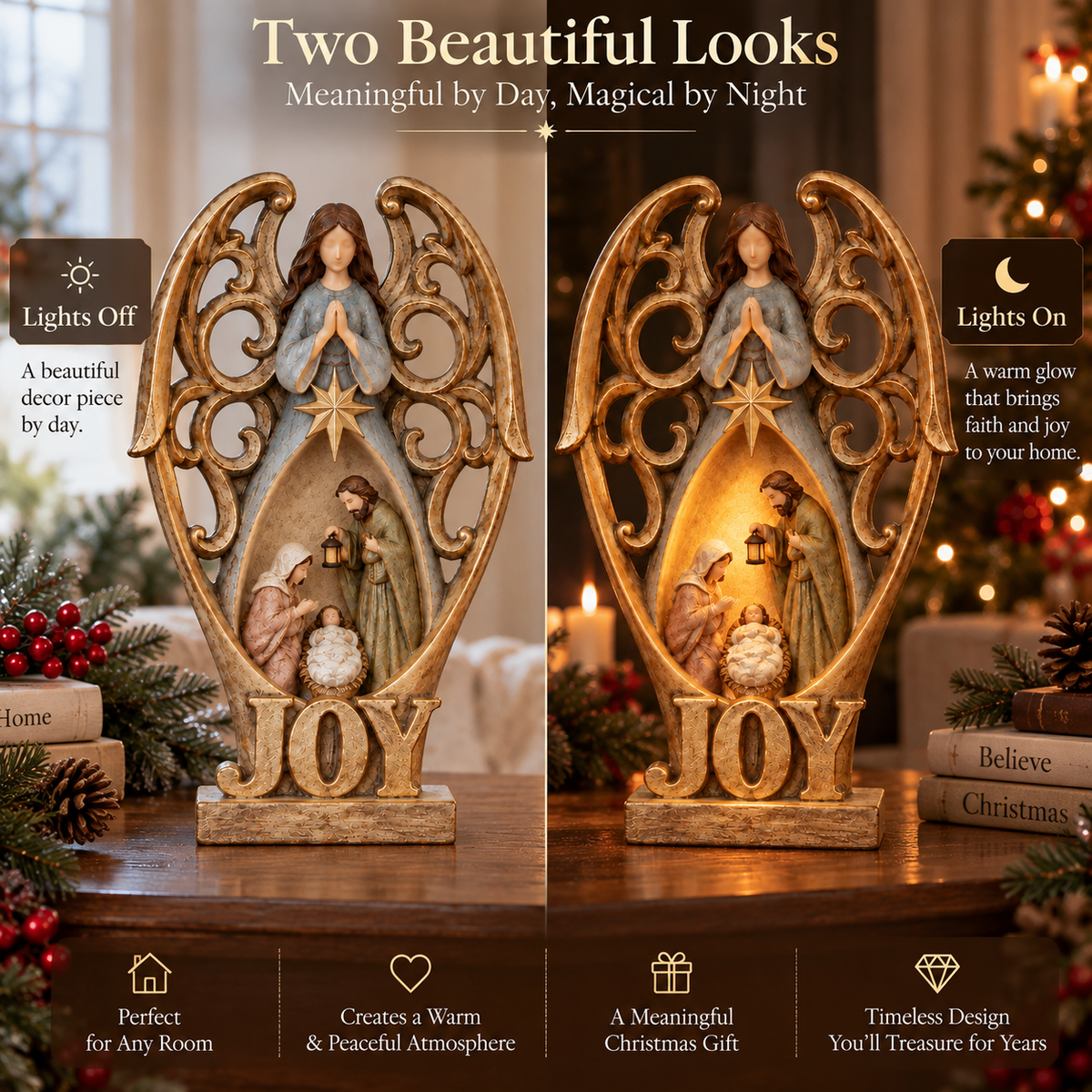 Angel of Joy Lighted Nativity Christmas Decor – Holy Family Tabletop Figurine with Warm Inner Glow
