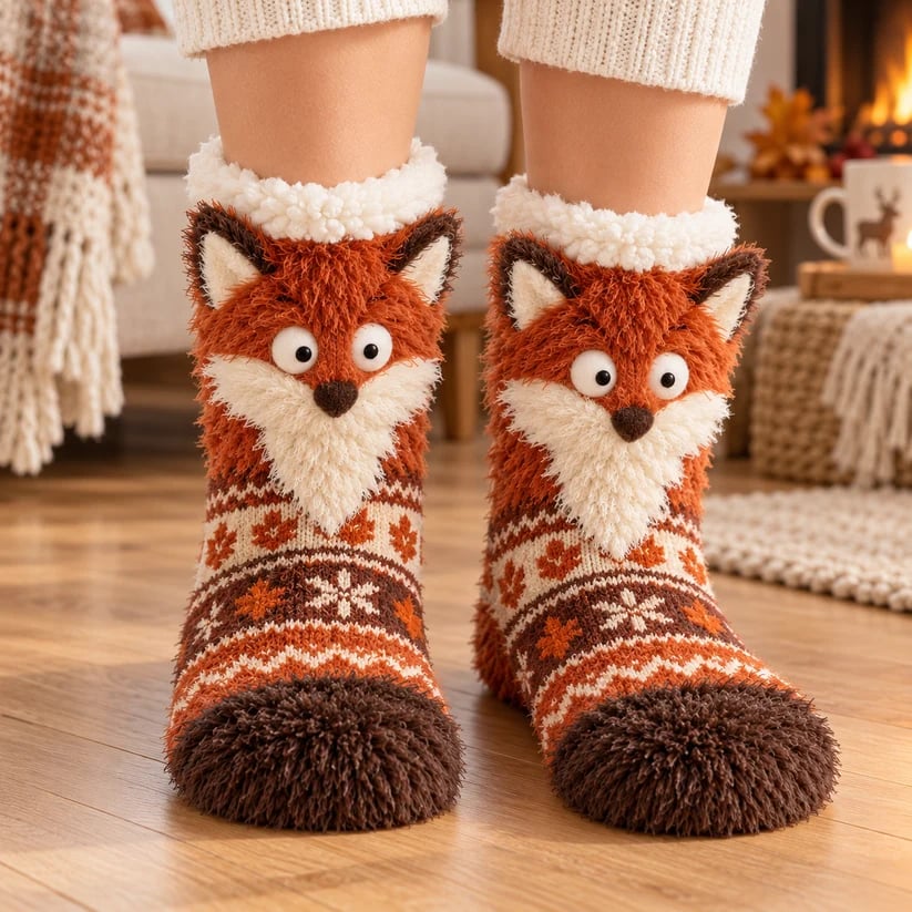 🦊🐦 Cozy 3D Animal Fuzzy Slipper Socks – Cute & Warm House Socks 🦦🦉