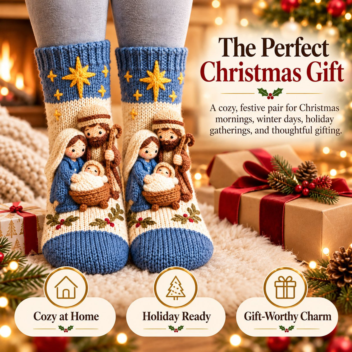 Nativity Christmas socks displayed as a Christmas gift