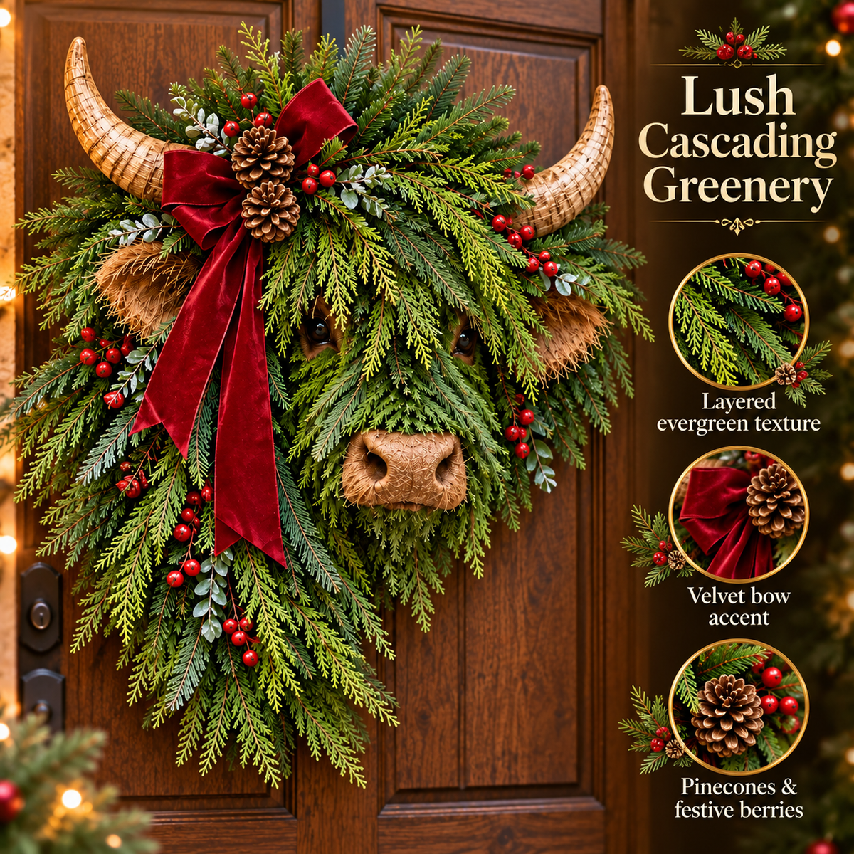 Highland Cow Christmas Wreath – Rustic Farmhouse Holiday Door Decoration with Cascading Greenery &amp; Red Velvet Bow