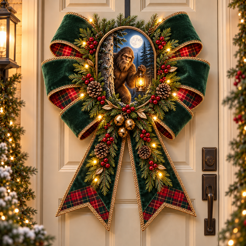 👣 Bigfoot’s Lantern Hideout™ – Lighted Woodland Christmas Door Bow with Warm Lights