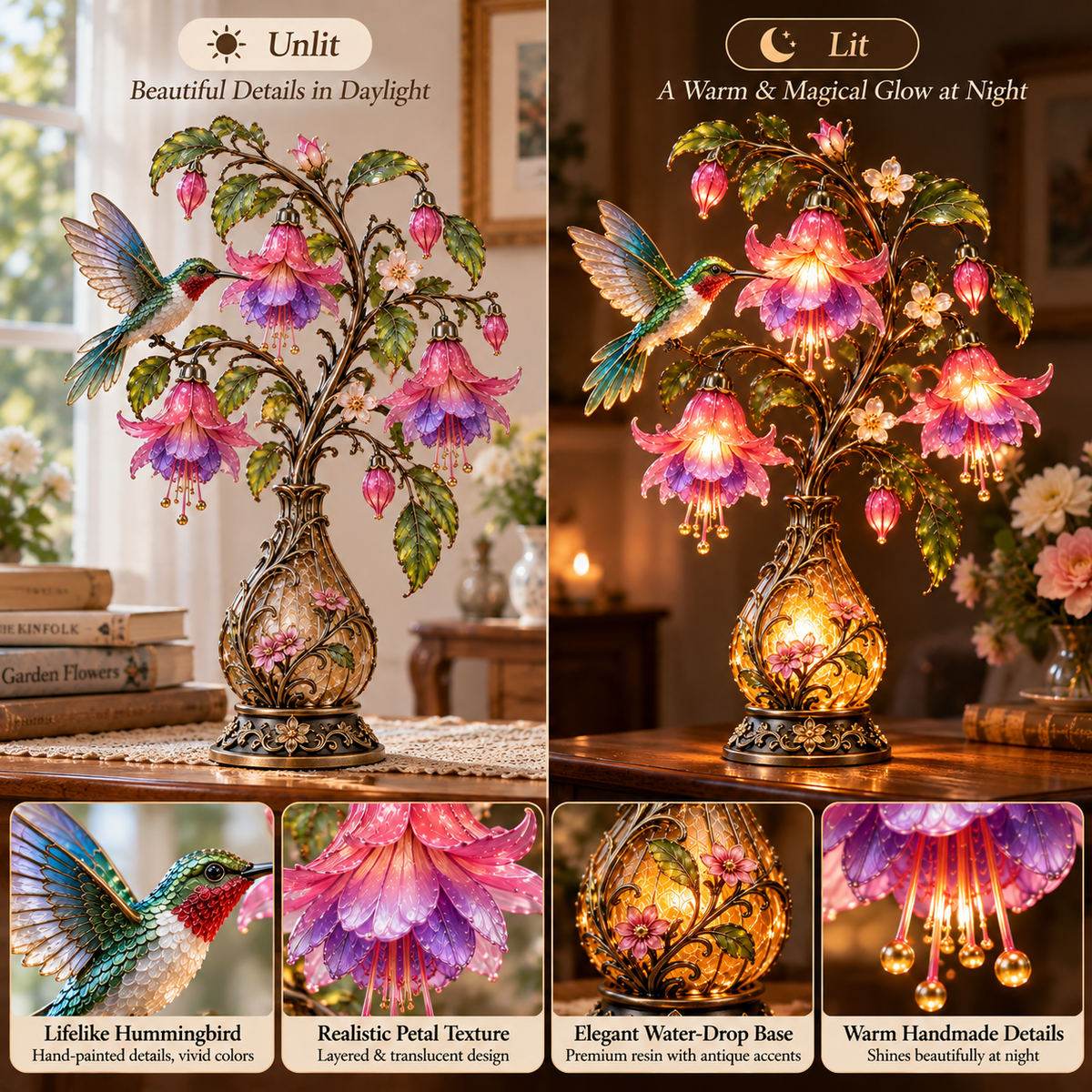 🌸 Hummingbird & Fuchsia Flower Lamp -✨ Lighted Floral Table Decor