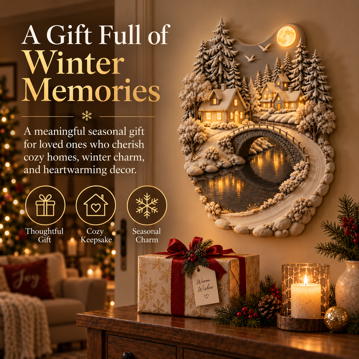 Moonlit Snowbridge Village™ Lighted 3D Wall Sculpture – Winter Village Wall Art with Warm LED Glow