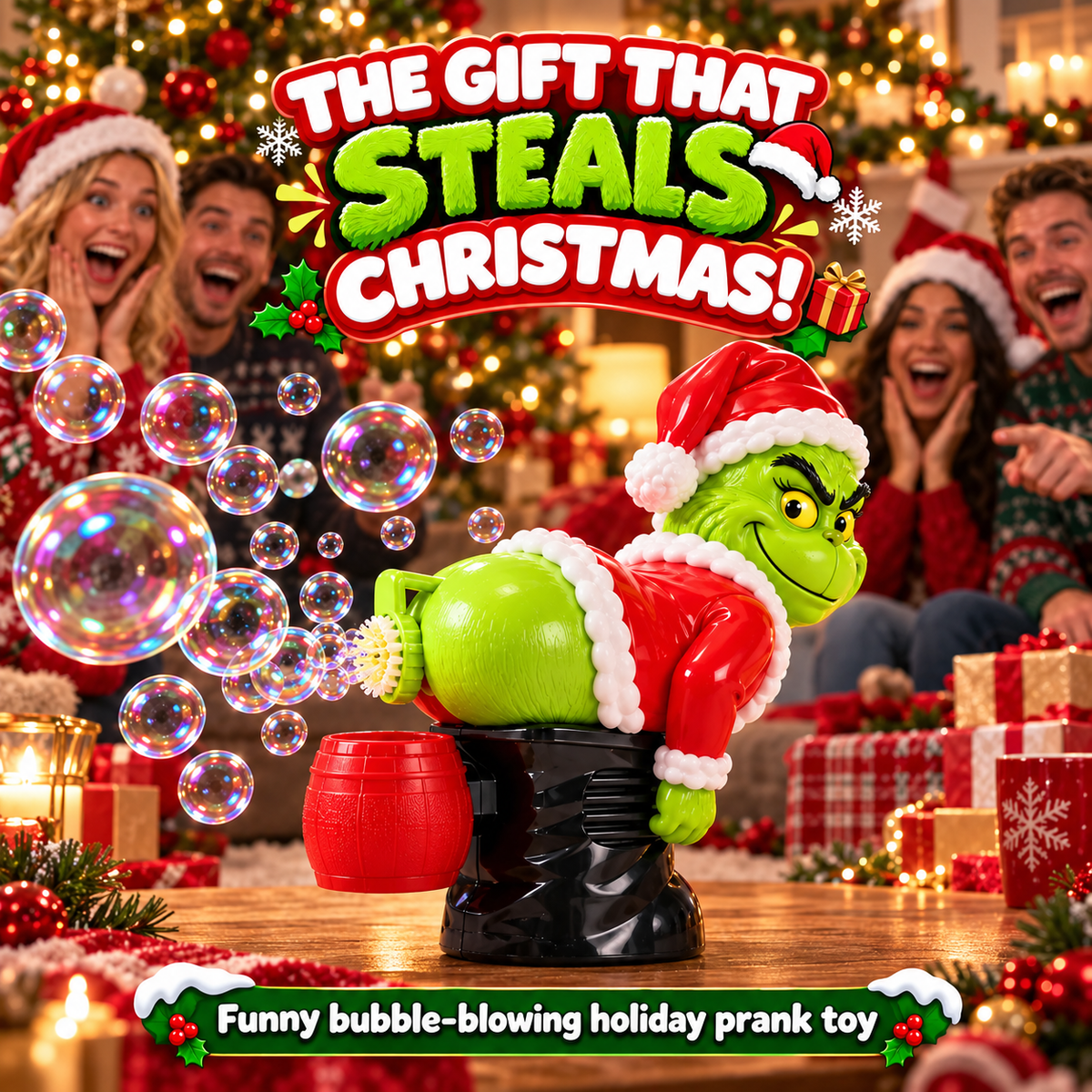 Funny Christmas Grinch Bubble Blower Toy – Automatic Bubble Machine with Music