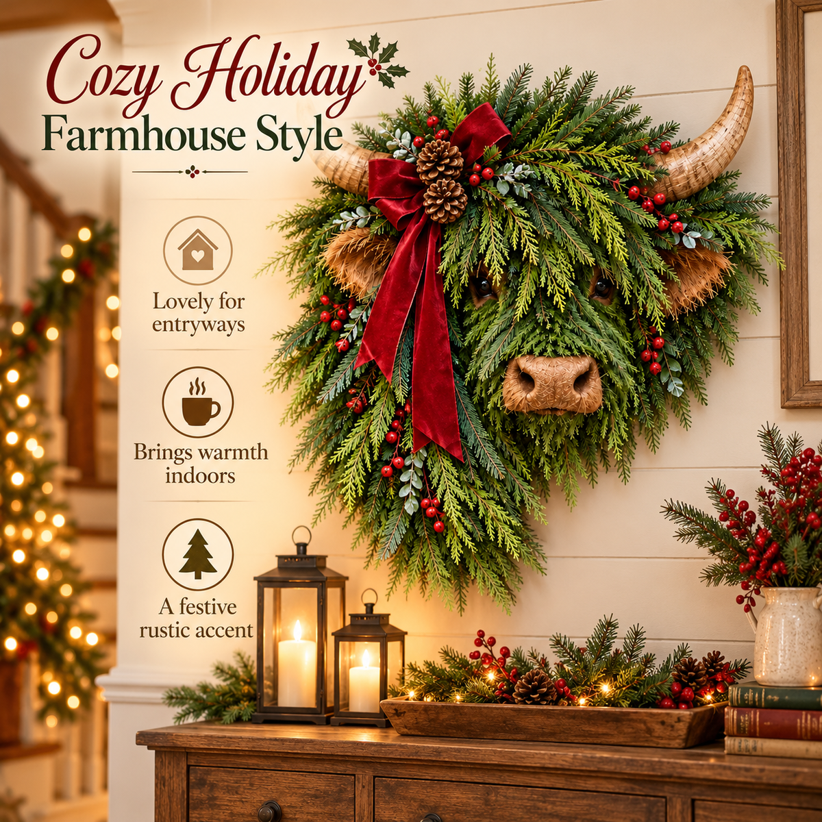 Highland Cow Christmas Wreath – Rustic Farmhouse Holiday Door Decoration with Cascading Greenery &amp; Red Velvet Bow