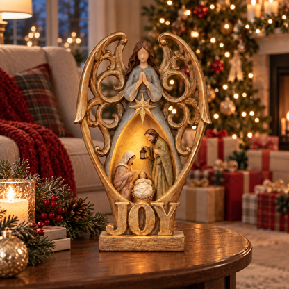 Angel of Joy Lighted Nativity Christmas Decor – Holy Family Tabletop Figurine with Warm Inner Glow