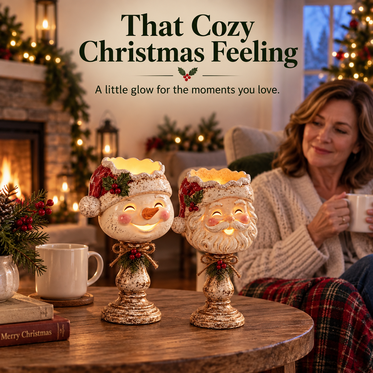 Woman enjoying a cozy Christmas living room with snowman and Santa candle holders