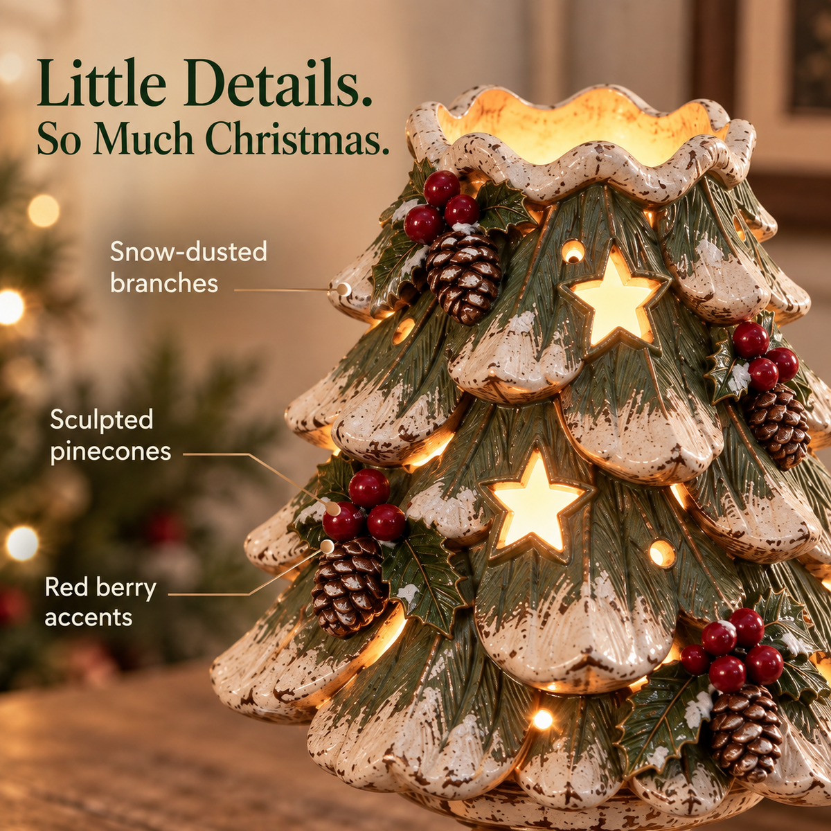 Close-up of snow-dusted tree branches, sculpted pinecones and red berry accents