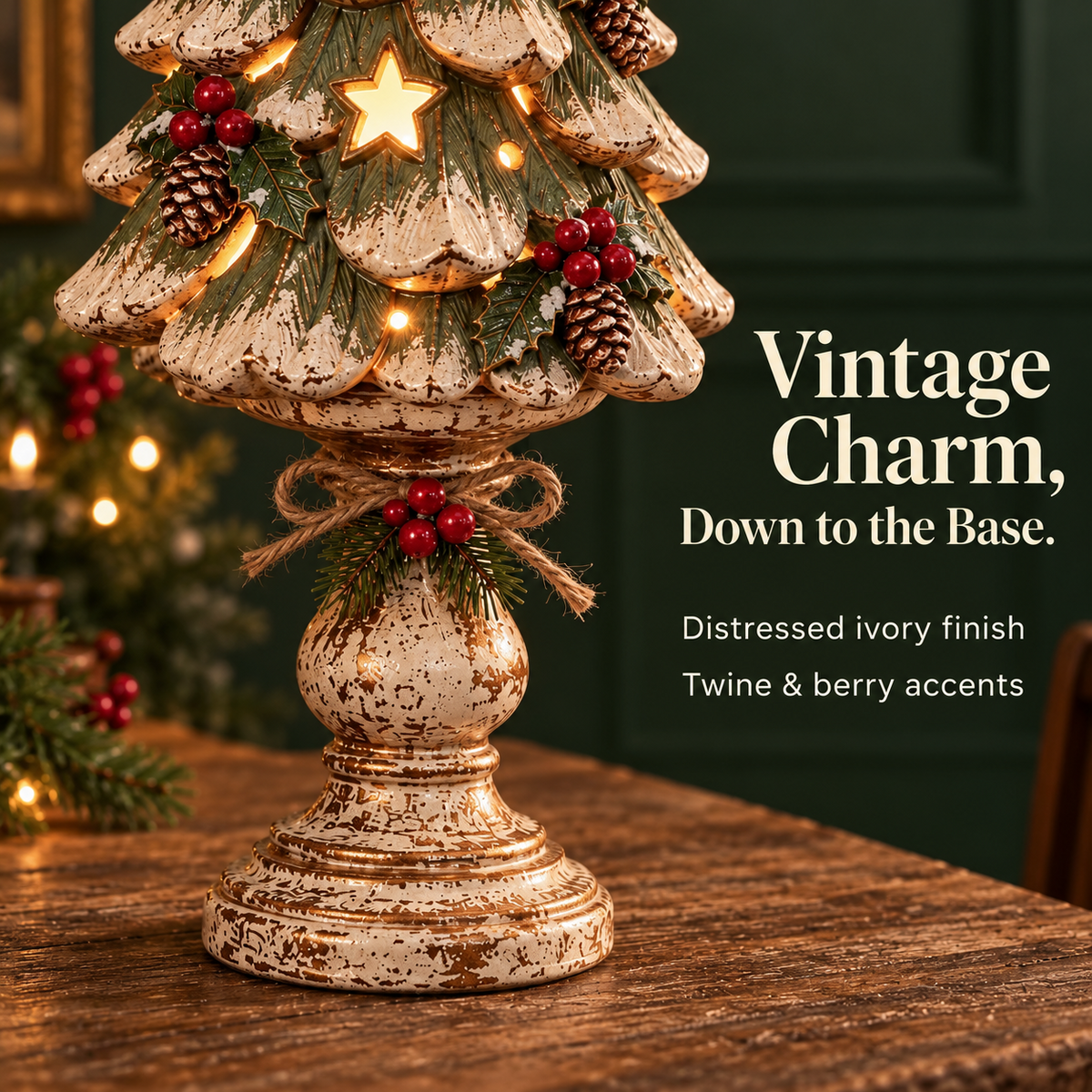 Distressed ivory pedestal with twine bow, evergreen sprig and berry accents