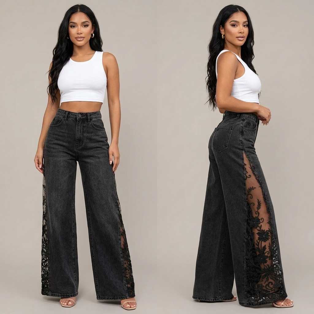 Floral Lace Panel High Rise Flare Jeans