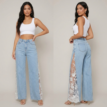 Floral Lace Panel High Rise Flare Jeans