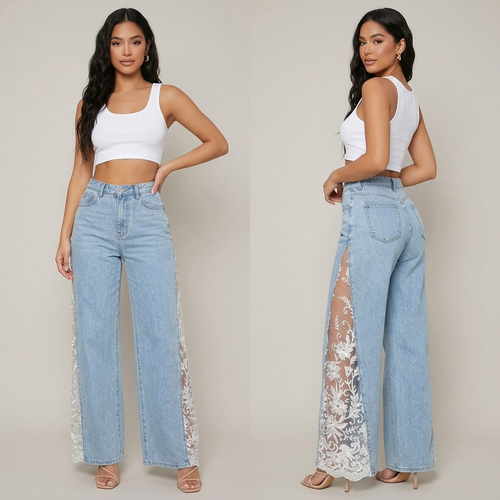 Floral Lace Panel High Rise Flare Jeans