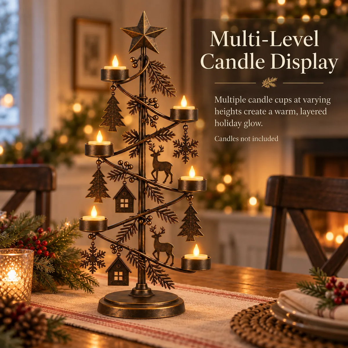 Vintage Woodland Christmas Tree Candle Holder Stand
