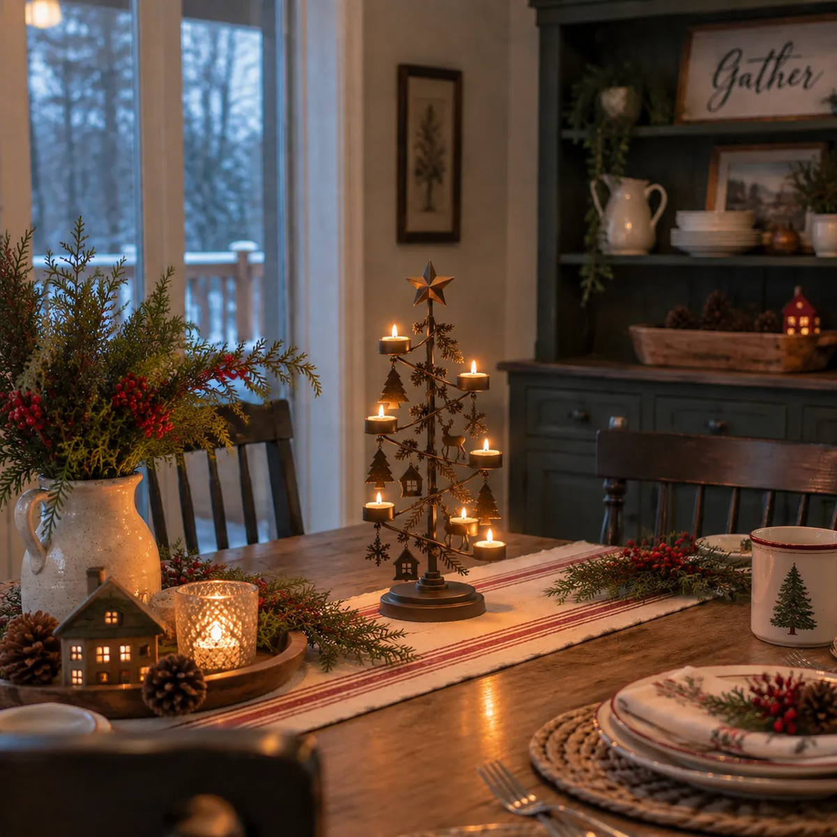 Vintage Woodland Christmas Tree Candle Holder Stand