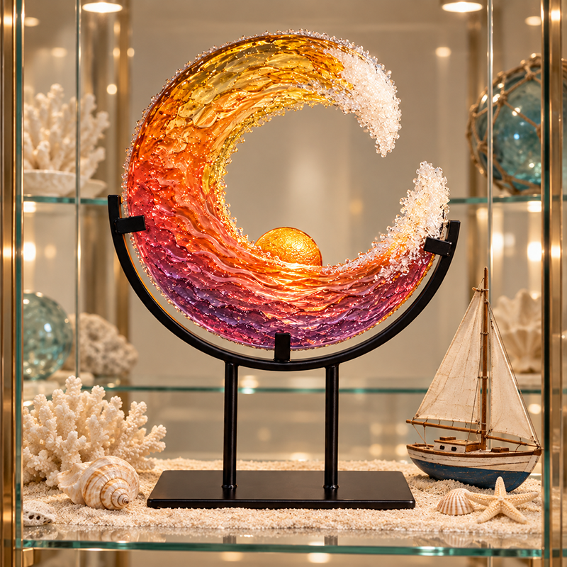 Ocean-inspired wave decor styled on a coastal bookshelf with books, shells, and a model sailboat
