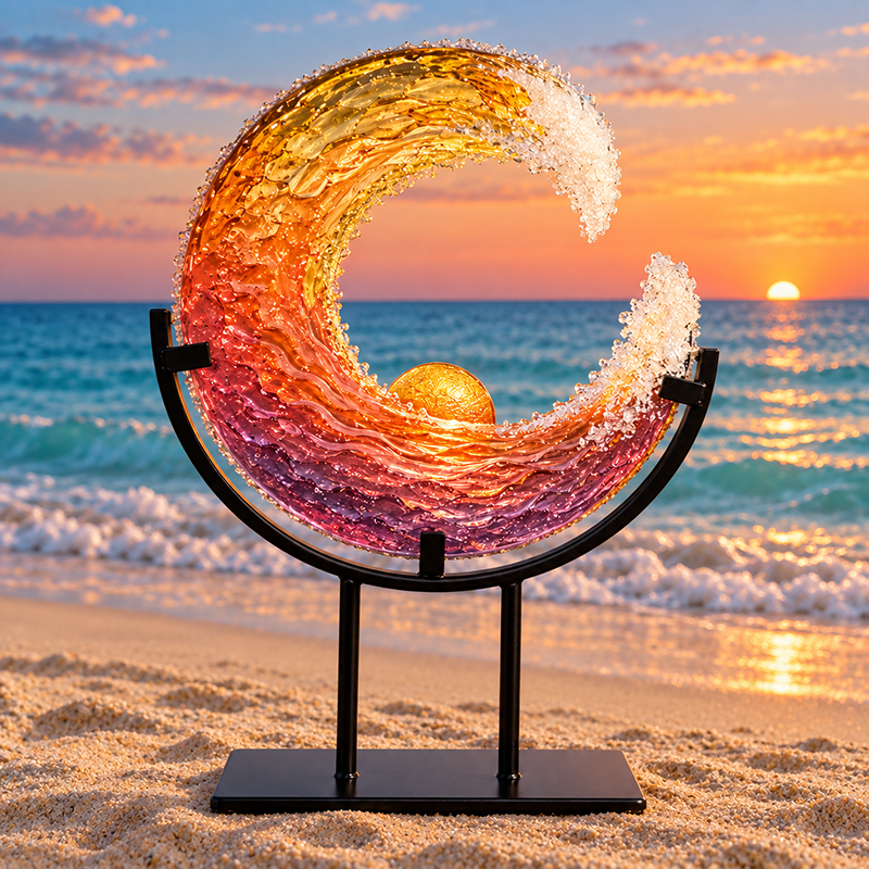 Ocean-inspired wave decor on a rocky shoreline with a glowing sunset behind it