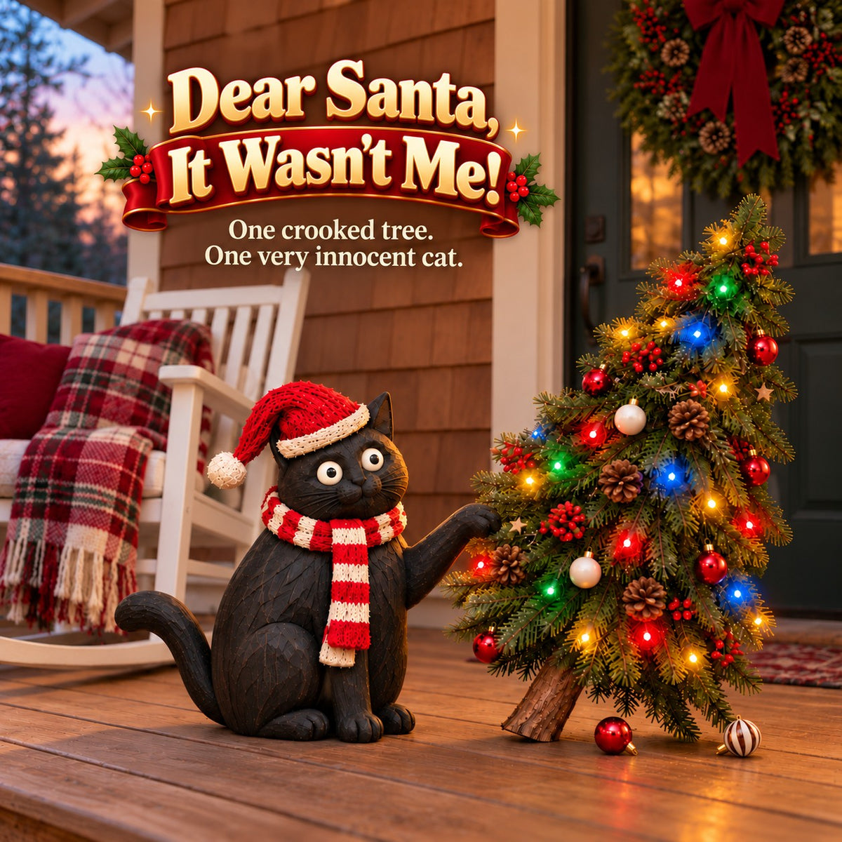 Santa-hatted black cat beside a crooked lighted tree on a porch. Image text: Dear Santa, It Wasn’t Me! One crooked tree. One very innocent cat.