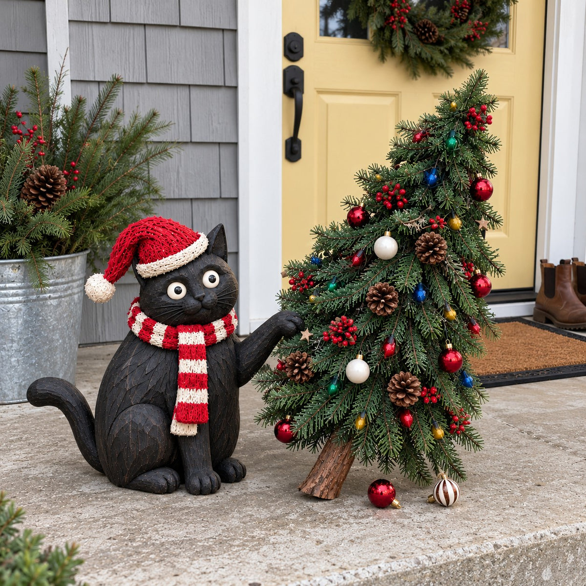 Black cat and decorated leaning Christmas tree at a yellow front door, with two ornaments on the ground.