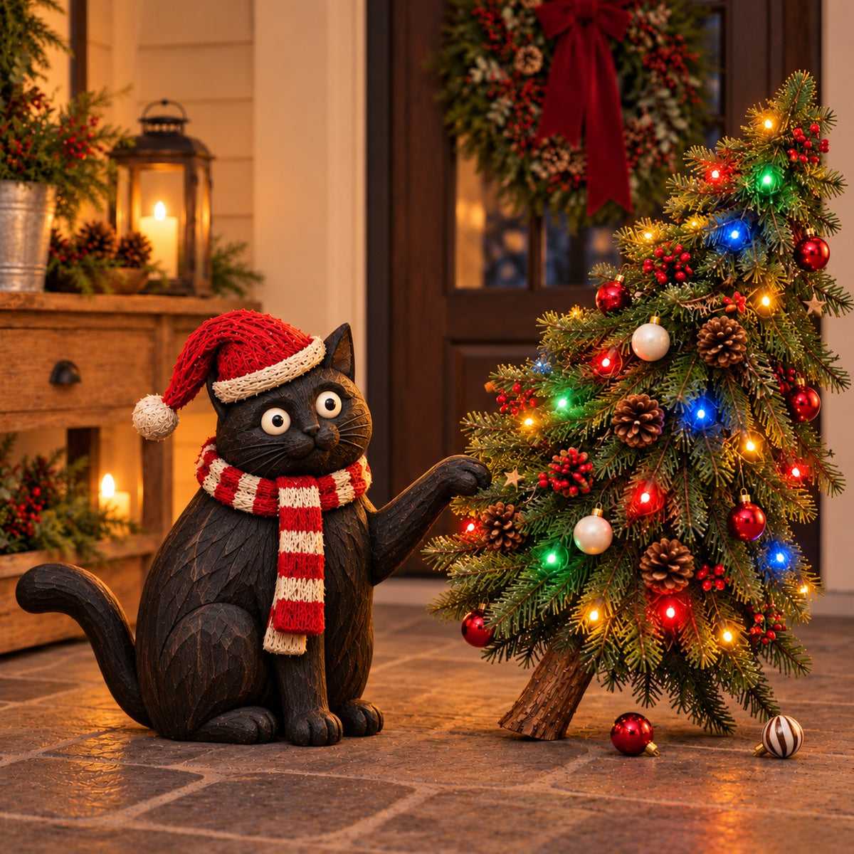 Wide-eyed black cat in a Santa hat and striped scarf touching a colorful lighted Christmas tree, with two fallen ornaments.
